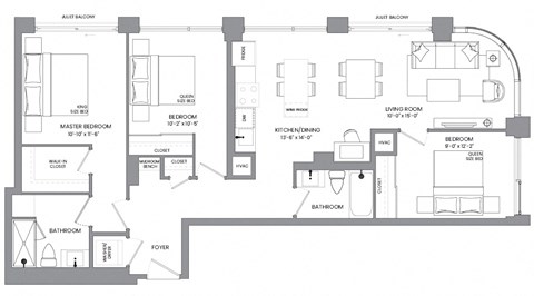 Floor plan for 3 beds, 2 baths, 1150 sqft